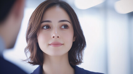 woman with short brown hair and thoughtful expression looks to side in bright, modern setting. over shoulder angle adds depth to image