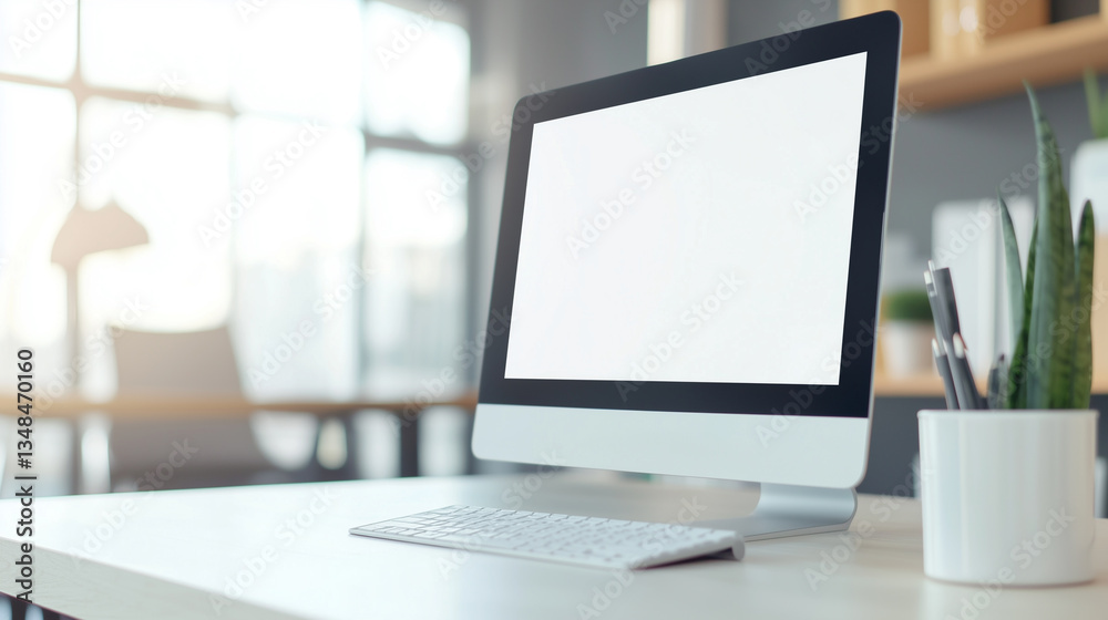 Poster modern workspace features sleek desktop computer with blank screen, keyboard, and potted plant on wh