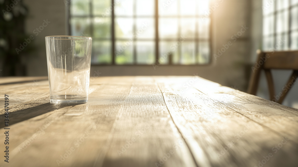 Aufkleber clear glass sits on wooden dining table, bathed in warm sunlight streaming through large windows, cr
