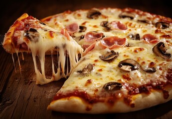 Delicious freshly baked pizza with cheese, mushrooms, and ham slice on wooden table displaying melting cheese and crispy crust
