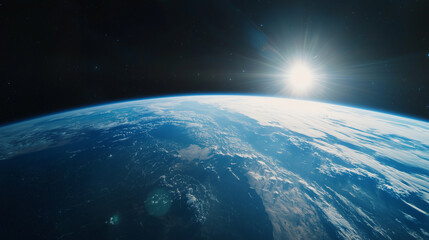 Fototapeta premium breathtaking view of Earth from space, showcasing planet curvature with radiant sun in background. image captures vastness and beauty of cosmos