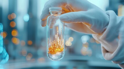 A scientist holding a test tube containing a tiny detailed cityscape inside, symbolizing biotechnology and the future, ultra realistic cinematic lighting
