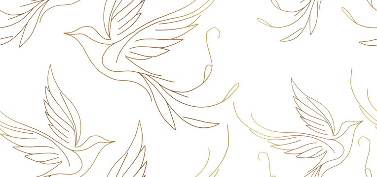 Seamless pattern with gold flying swallow birds luxury background