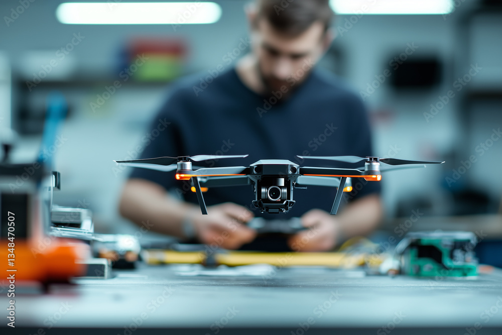 Aufkleber man working on drone prototype in tech workshop, focused and innovative atmosphere. drone is in foreground, showcasing advanced technology and engineering