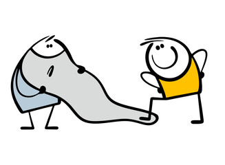 Harmful bully stepped on the gray beard with her foot. Vector illustration of a boy and an old man with glasses. Cartoon isolated stickman on white background.