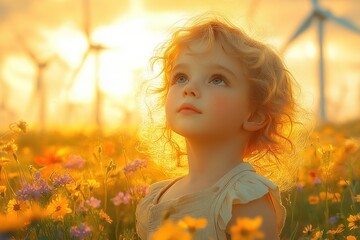 Child Exploring Wildflower Meadow Near Wind Turbines in Sunny Countryside
