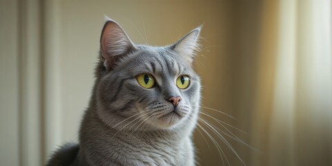 Enigmatic cat with striking yellow eyes gazing intently in a softly lit room