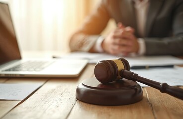Wooden judge gavel on table with laptop, papers. Lawyer concept, legal system, courtroom, document, contract, court, meeting. Business, authority, judgement, crime, decision, executive, paperwork.
