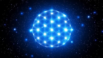 A glowing geometric sphere floats within a starry night sky