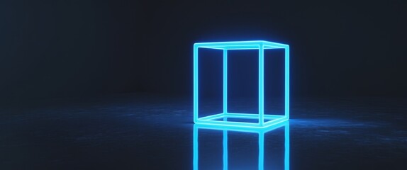 A glowing neon cube reflected on a smooth dark surface.
