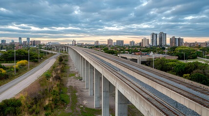Elevated Railway Bridge Spanning Across A City Landscape Under A Cloudy Sky During The Evening Hours