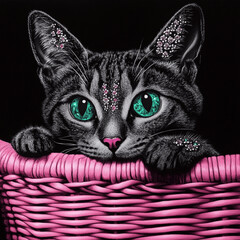 black and white photo bengal cat with emerald glowing eyes in a woven pink basket