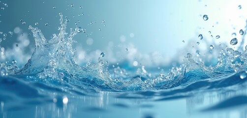 Close-up of splashing water with transparent droplets, waves. Fresh, clean, pure liquid, cool beverage. Abstract blue background, macro shot. Nature, healthy drink. Beauty, refreshment, environment.