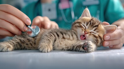 Veterinarian Examines Newborn Kitten with Stethoscope in Clinic Setting
