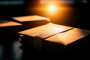 Stack of Envelopes Bundled Tightly on a Dark Surface Under a Warm and Golden Light Source