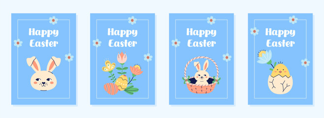 Happy Easter 4 cute cards collection. Design with text on blue background. Happy Easter hand drawn card. Flat illustration with partial outline. Vector illustration.
