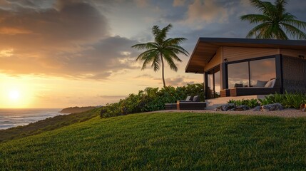 Fototapeta premium Tranquil Sunset Cottage Ocean View Tropical Paradise Home