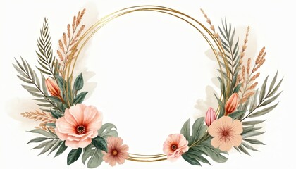 Watercolor illustration wedding boho frame. Tropical leaves, flowers, golden circle frame. Botanical design element for invitation, greeting, summer, holiday, party, event decorations.