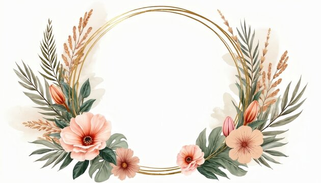 Watercolor illustration wedding boho frame. Tropical leaves, flowers, golden circle frame. Botanical design element for invitation, greeting, summer, holiday, party, event decorations.