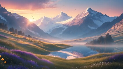 Serene Mountain Vista: A breathtaking panorama unfolds as majestic snow-capped mountains loom over a tranquil lake reflecting the vibrant hues of a sunrise.