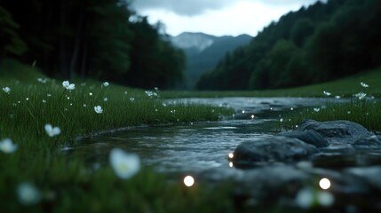 Fototapeta premium Tranquil stream meanders through meadow