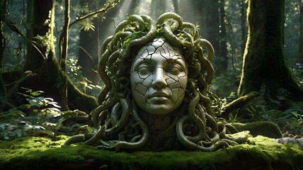 Fototapeta premium A Medusa head statue fused into the roots of a giant ancient tree, with her serpents extending out like vines, glowing faintly green in the darkness of an enchanted forest,Generative Ai 