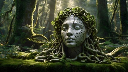 A Medusa head statue fused into the roots of a giant ancient tree, with her serpents extending out like vines, glowing faintly green in the darkness of an enchanted forest,Generative Ai
