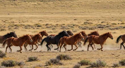 Wild horses galloping across a dusty plain with mountains in the background