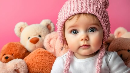 Adorable Baby Girl in Pink Hat with Teddy Bears  Pink Background