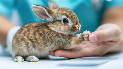 Adorable newborn bunny being gently examined by a caring veterinarian for health diagnostics
