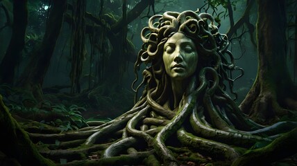 Fototapeta premium A Medusa head statue fused into the roots of a giant ancient tree, with her serpents extending out like vines, glowing faintly green in the darkness of an enchanted forest,Generative Ai 