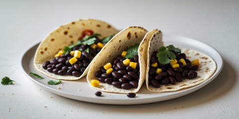 Closeup of Three Delicious Tacos with Black Beans and Corn.
