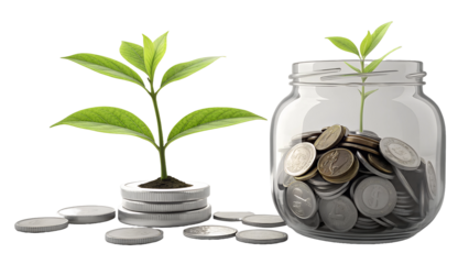 money plant seedling sprouting from savings coins in transparent jar representing wealth growth and financial planning concept, financial growth metaphor with fresh green plant growing from stack  