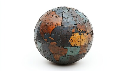 A metal puzzle globe isolated on a white background, representing global unity.  