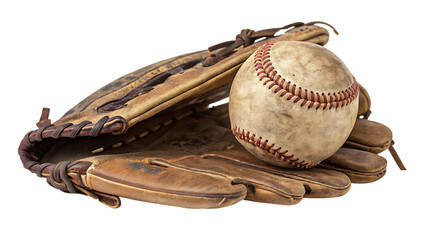 vintage baseball glove holding an old baseball on white background PNG.AI GENERATED
