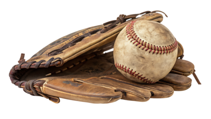 vintage baseball glove holding an old baseball on white background PNG.AI GENERATED