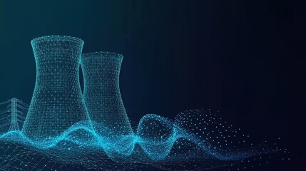 Futuristic Low Poly Illustration of Nuclear Power Plant Emitting Blue Glowing Energy Waves Against Dark Background, Modern Technology Theme with Cyan Shades, Electrical Towers and Lines