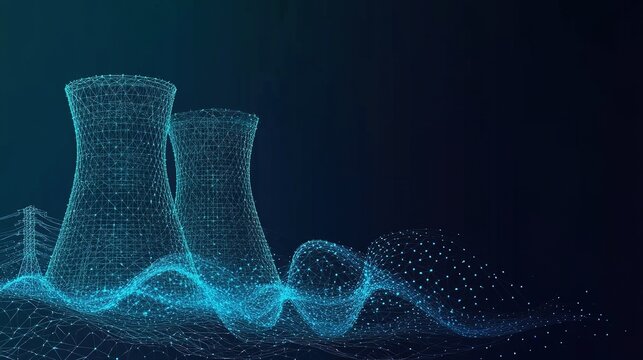 Futuristic Low Poly Illustration of Nuclear Power Plant Emitting Blue Glowing Energy Waves Against Dark Background, Modern Technology Theme with Cyan Shades, Electrical Towers and Lines