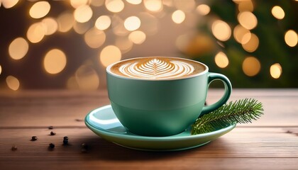 Obraz premium a cup of cappuccino coffee with latte art in a pastel green cup with cinnamon pine branch on a wooden table against a bokeh background