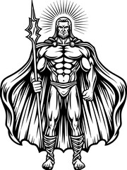 Ancient divine warriors battling demons, depicted in SVG and vector format. Mighty Warrior with Trident and Flowing Cape in Bold Outline Art
