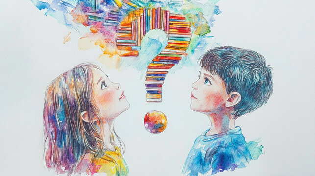 illustration pupils with books and a big question mark between them - learning concept