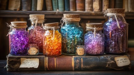 1. **Enchanting Glass Jars of Magical Potions Resting on Vintage Books**