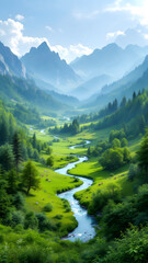 Fototapeta premium Green Valley with Flowing River and Mountains