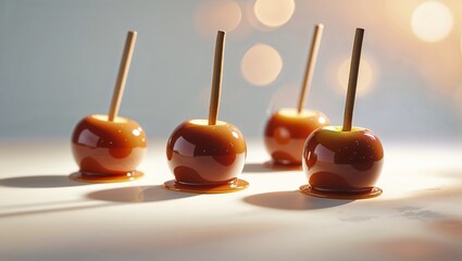 Caramel apples displayed beautifully on a table with soft bokeh lighting in the background during autumn festivities