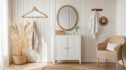 Coastal entryway with white cabinet, mirror, and wicker chair