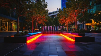 Fototapeta premium A modern urban fountain lit with colorful and vibrant lights