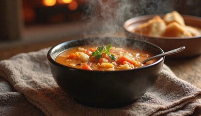 A steaming bowl of hearty vegetable soup, perfect for a cozy night.