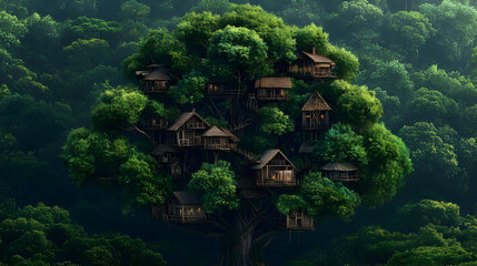 Pixel Art Treehouse Village In Lush Forest