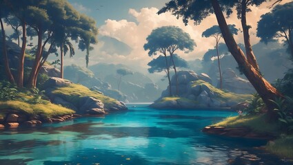  Tranquil Paradise: An idyllic painting capturing a breathtaking landscape featuring a serene lake, lush greenery, and towering trees under a picturesque sky. 