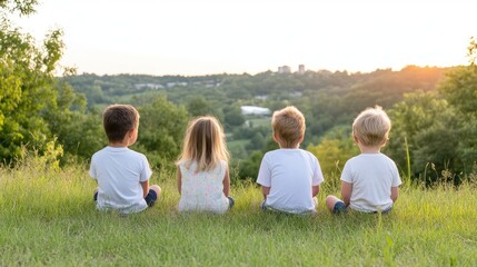 Fototapeta premium Four children seated outdoors, enjoying a scenic view